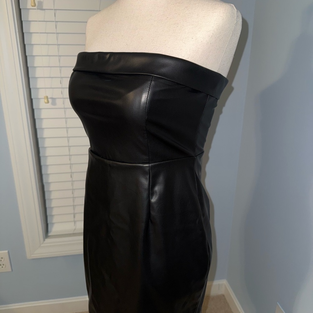 Black Faux Leather Strapless Dress
